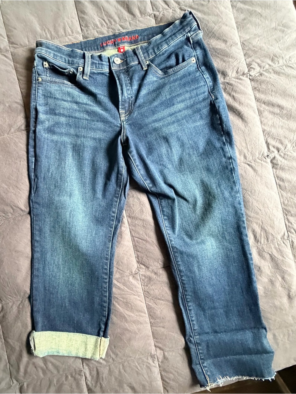 Lucky Brand Women's Medium Blue Boyfriend Cropped Jeans with Cuffed Hem